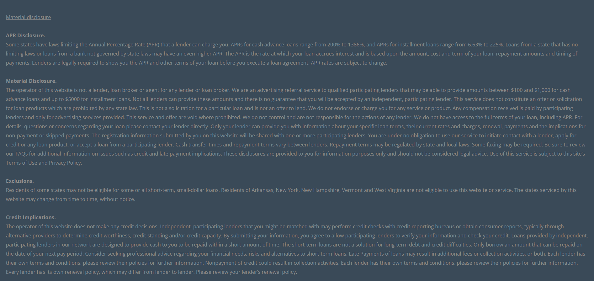 Material disclosure for payday loans in West Palm Beach Florida